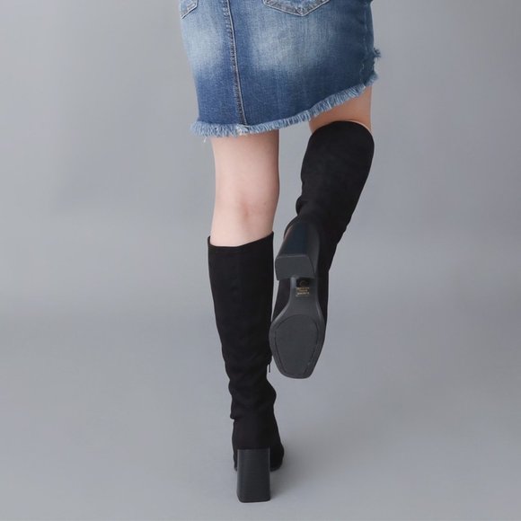 Black Microsuede Block Heel Knee High Boots - Picture 4 of 6